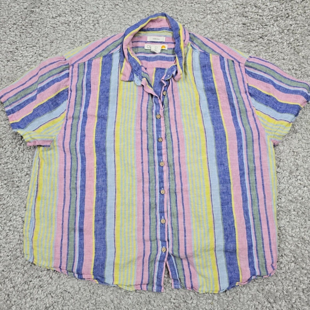C&C California‎ Womens Striped Linen Button Shirt Size L Coastal Casual